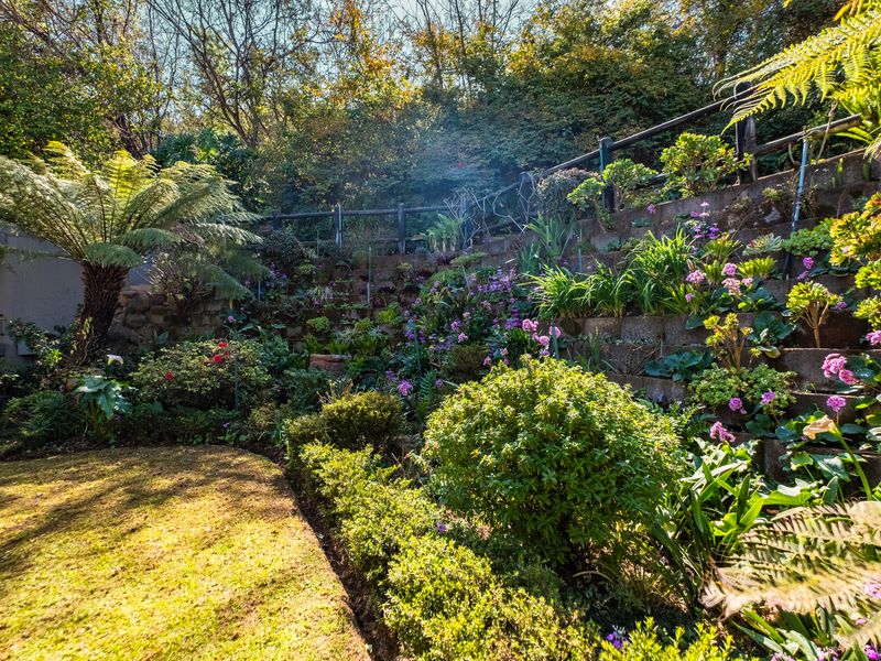 A beautifully landscaped terraced garden featuring established plantings, a lush lawn, and a sturdy retaining wall with timber fencing.