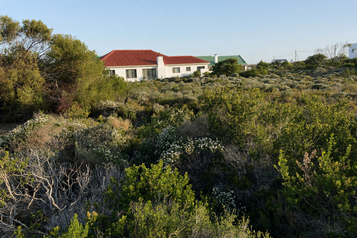 A view of a residential property exterior featuring a tiled roof and masonry walls, surrounded by natural coastal vegetation.