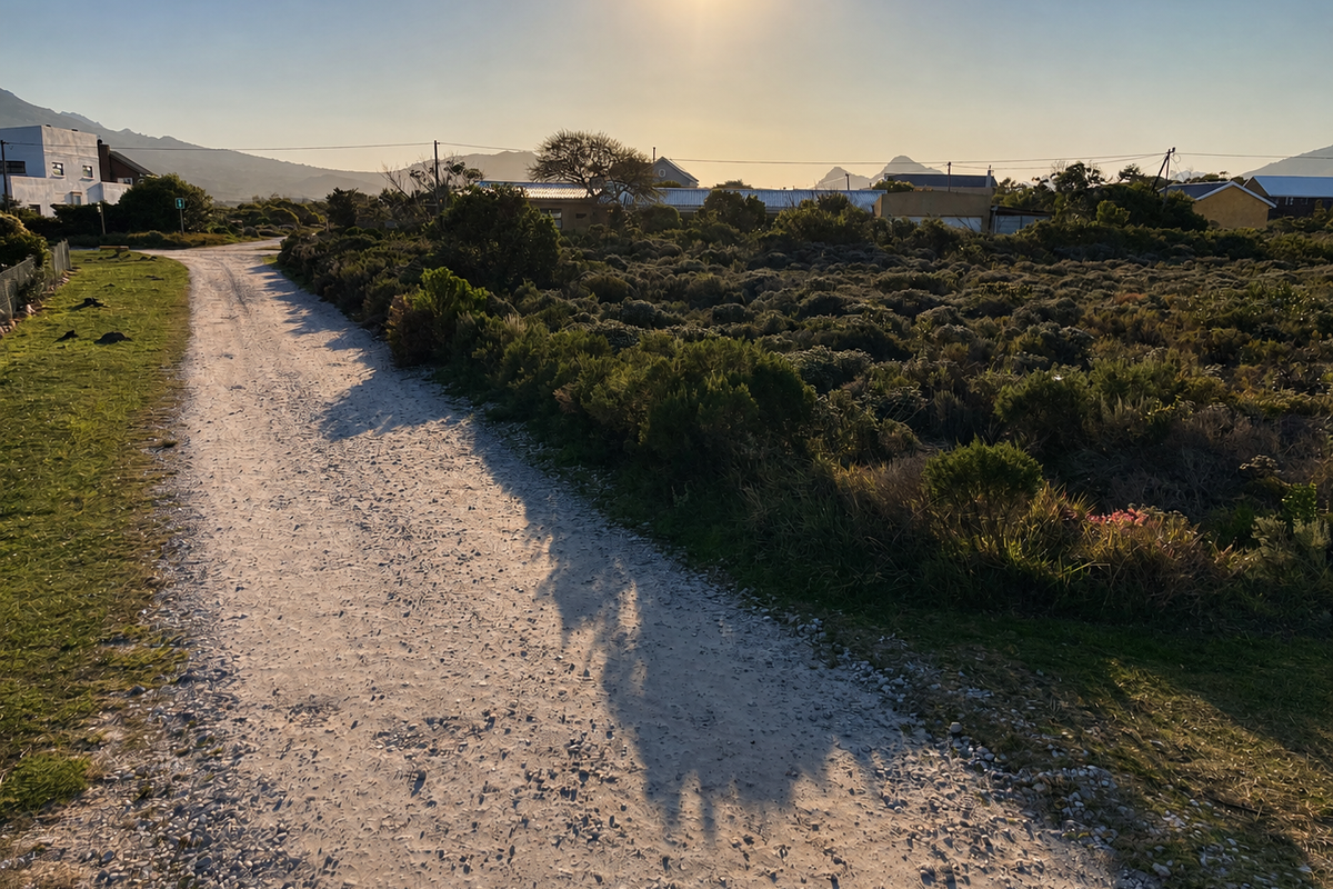 A view of an unpaved access road bordering a vacant residential plot with native coastal vegetation.