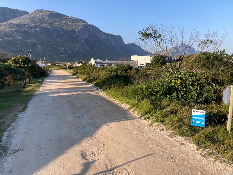 A view of an unpaved access road leading towards a residential area with scenic mountain views in the background.