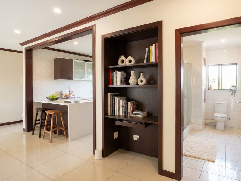 A well-maintained hallway featuring tiled flooring, recessed lighting, and a built-in shelving unit, providing access to the kitchen and bathroom areas.
