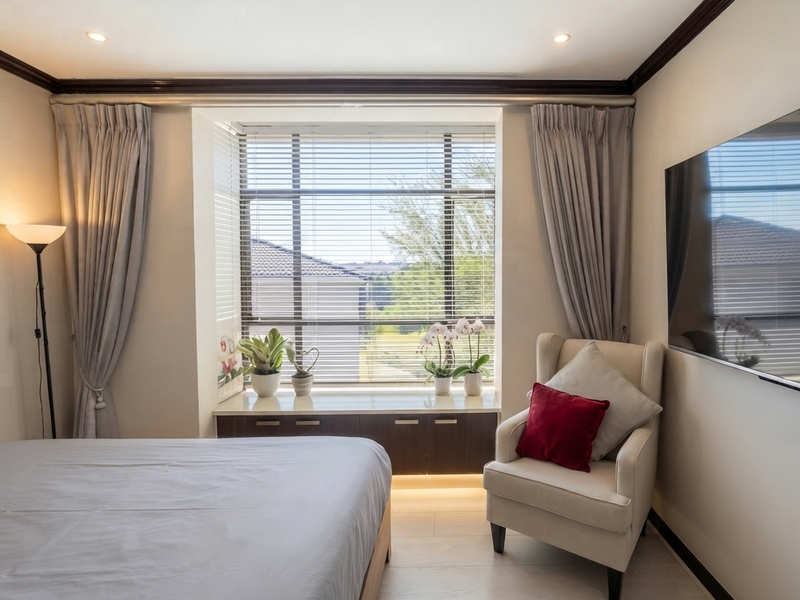 A well-maintained bedroom featuring a built-in window seat with storage cabinetry, crown molding, and recessed lighting, offering a bright and comfortable living space.