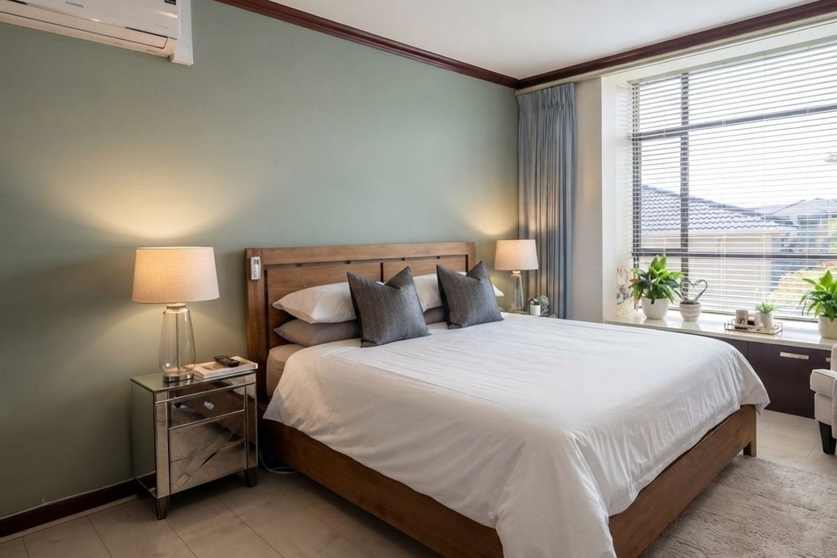 A well-maintained bedroom featuring light-toned laminate flooring, sage green accent wall, timber crown molding, and a split-system air conditioning unit.