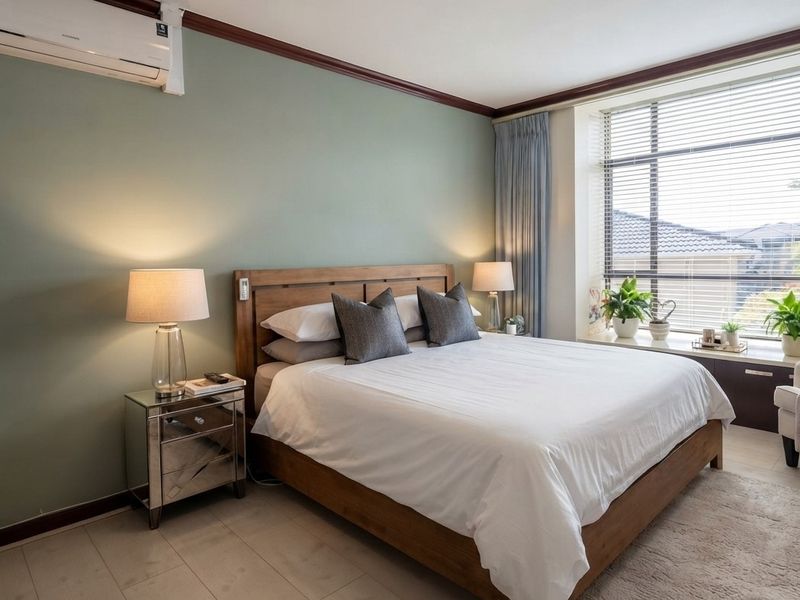 A well-maintained bedroom featuring light-toned laminate flooring, sage green accent wall, timber crown molding, and a split-system air conditioning unit.