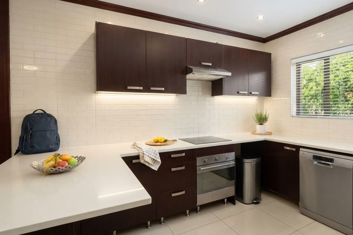 Modern kitchen featuring dark wood cabinetry, white stone countertops, subway tile backsplash, and integrated appliances including an electric cooktop and oven.