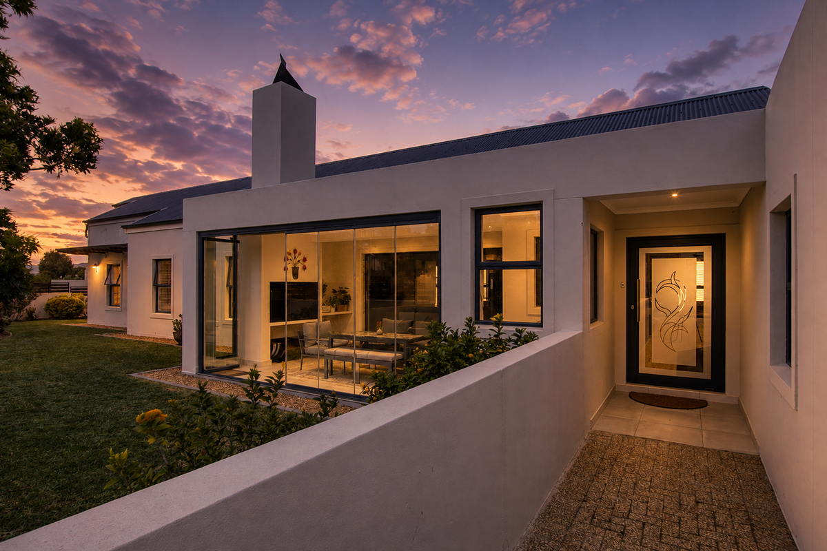 A beautifully maintained rear exterior view featuring a modern chimney, glass sliding doors, and a paved walkway leading to a decorative entrance.