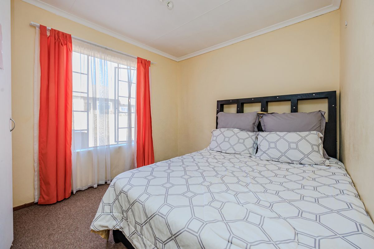 A standard bedroom featuring carpeted flooring, a window with natural light, and coved ceiling finishes.