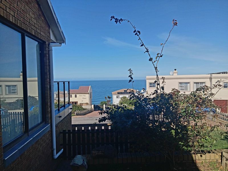 A scenic coastal view overlooking the ocean and neighbouring residential properties, captured from an elevated position with a glass balustrade.