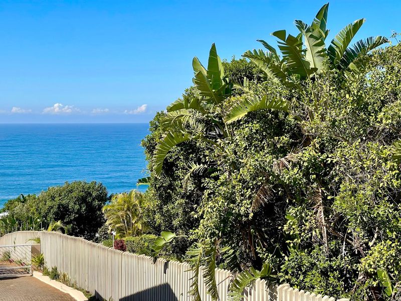 A scenic view of the ocean horizon framed by lush coastal vegetation and a secure perimeter fence.