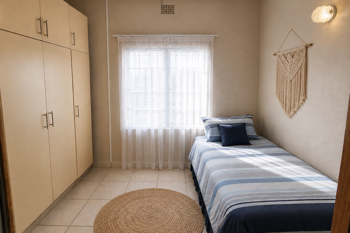 A well-maintained bedroom featuring neutral tiled flooring, built-in storage cupboards, and natural light through a window with fitted blinds.