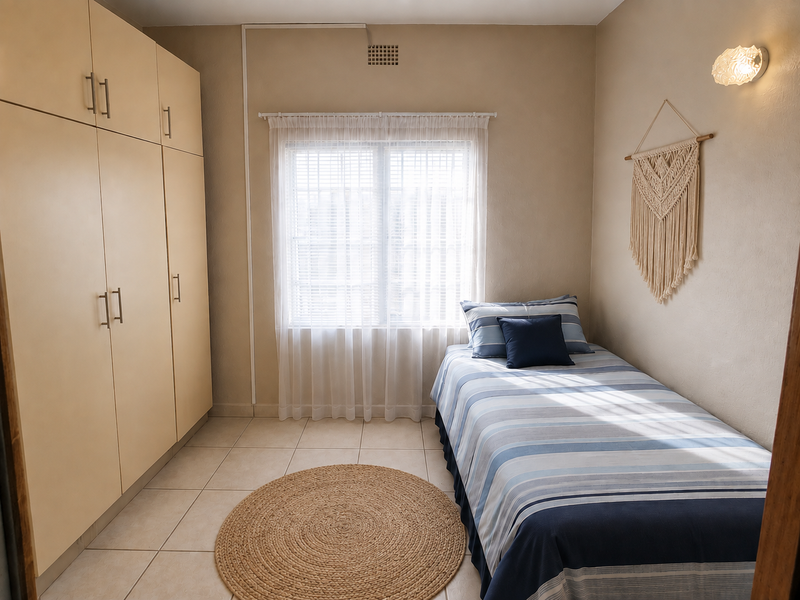 A well-maintained bedroom featuring neutral tiled flooring, built-in storage cupboards, and natural light through a window with fitted blinds.