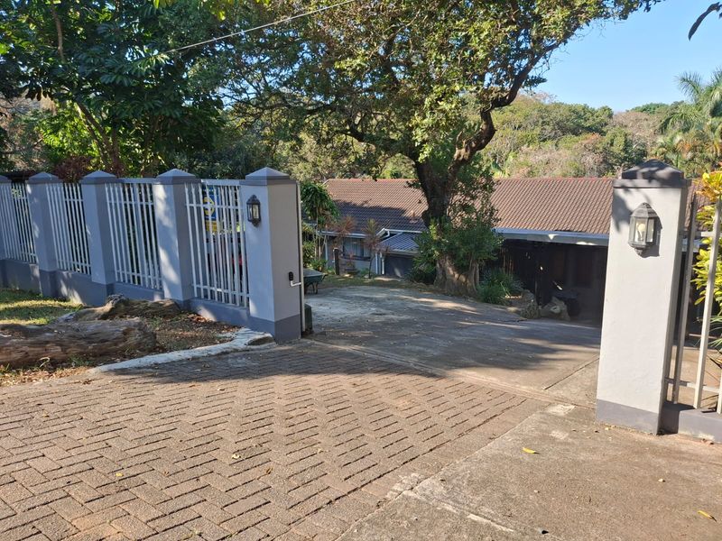 A view of the property entrance featuring a paved driveway, secure perimeter wall with metal fencing, and mature trees surrounding the residence.