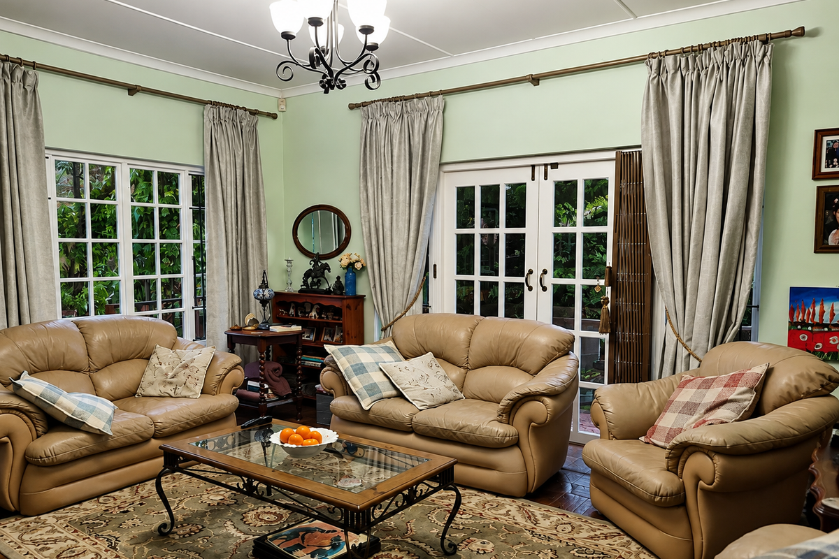 A comfortable living room featuring hardwood flooring, classic multi-pane windows, and double french doors providing access to the garden area.
