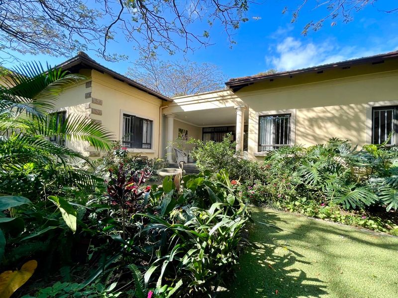 Rear view of the house featuring a covered patio area, established garden, and classic architectural details including stone quoins and columns.