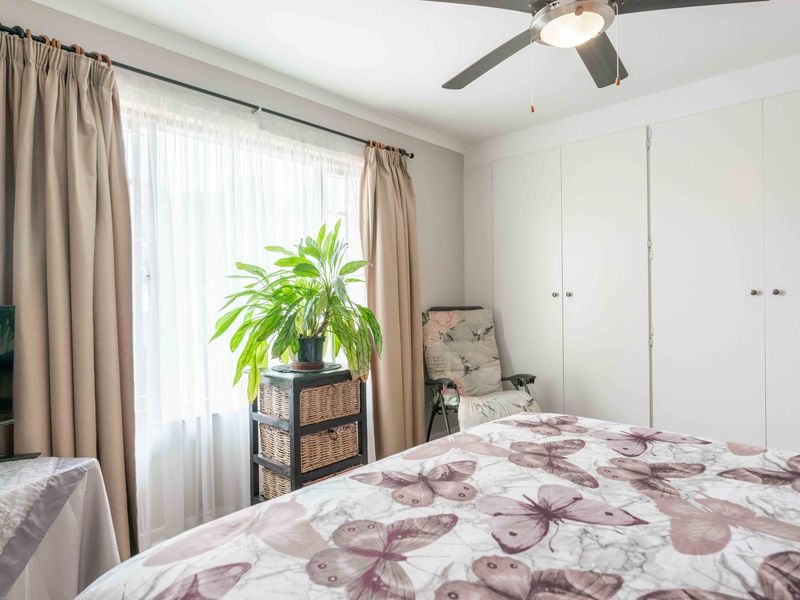 A functional bedroom featuring built-in cupboards, a ceiling fan, and large windows with curtain rails, offering a comfortable and practical living space.