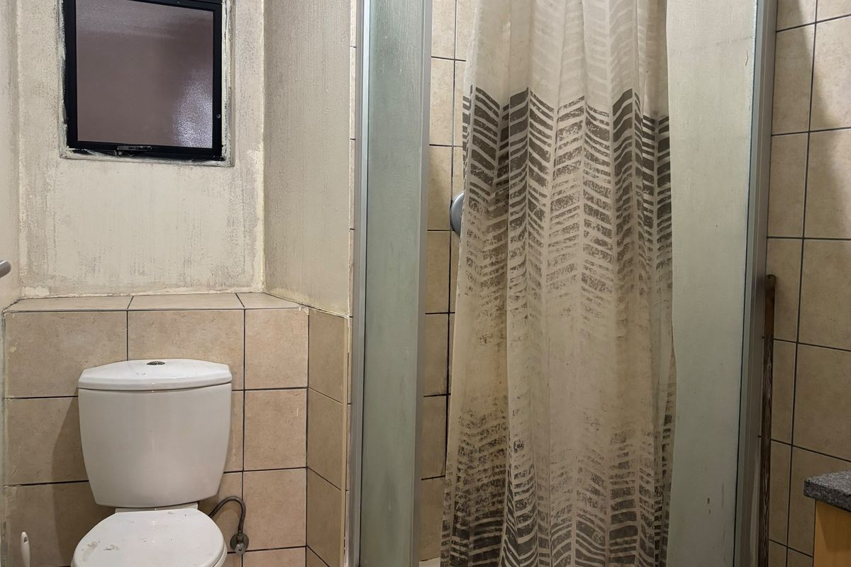 A dated bathroom featuring a shower enclosure, toilet, and tiled finishes, currently showing significant signs of wear and wall surface deterioration.