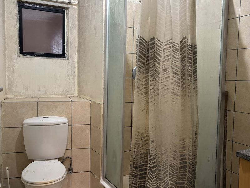 A dated bathroom featuring a shower enclosure, toilet, and tiled finishes, currently showing significant signs of wear and wall surface deterioration.