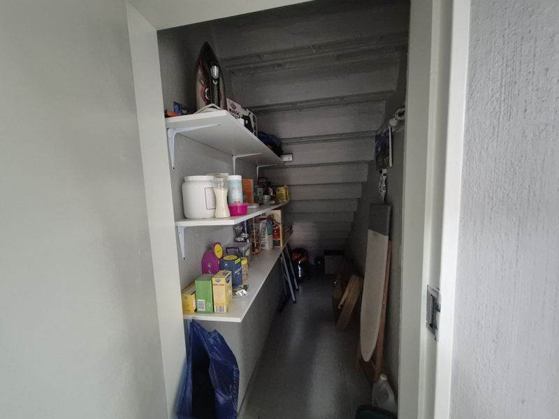 A functional under-stair utility storage space featuring built-in shelving, providing efficient use of space for household storage needs.