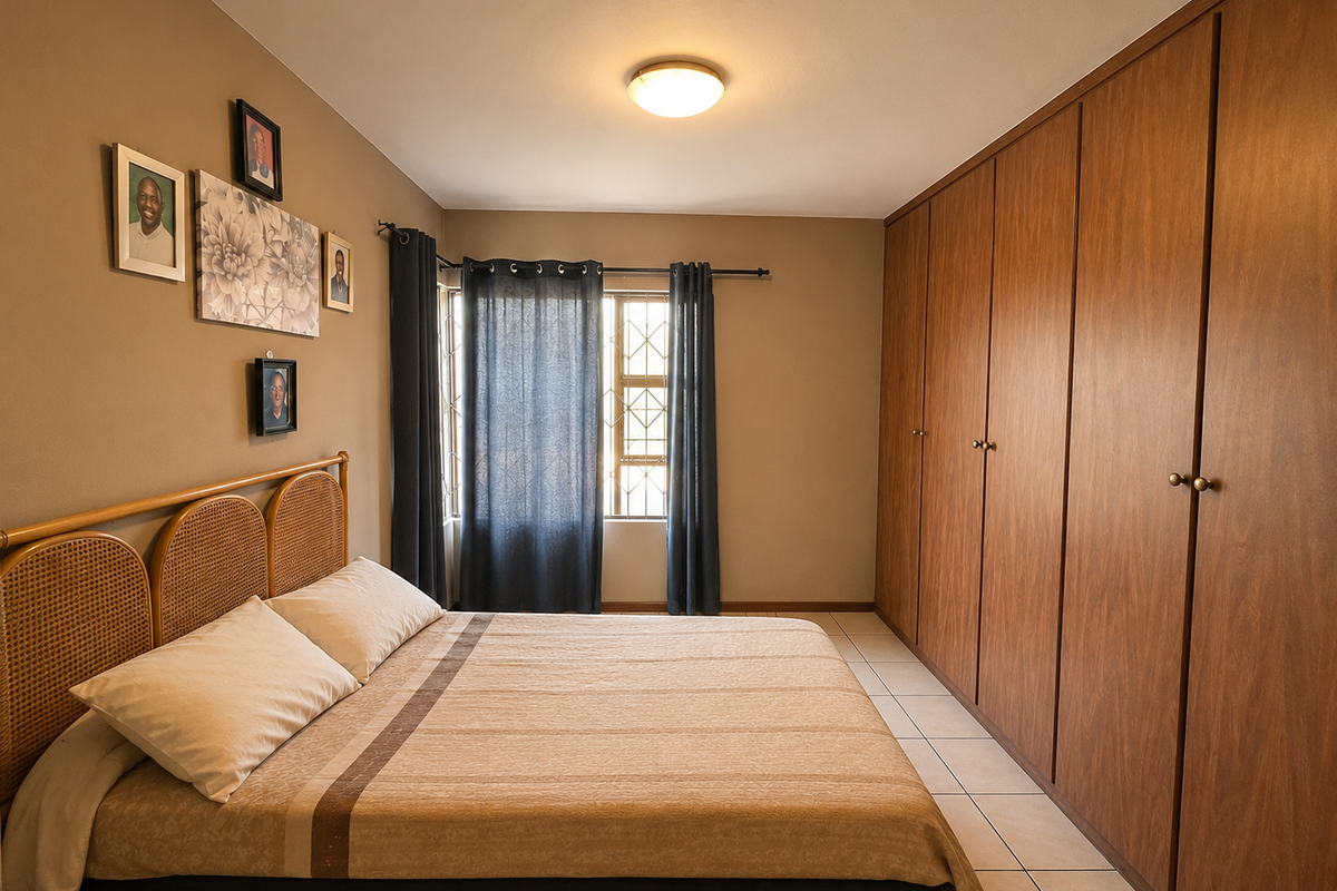 A functional bedroom featuring extensive floor-to-ceiling built-in wooden cupboards, tiled flooring, and a window fitted with security bars.