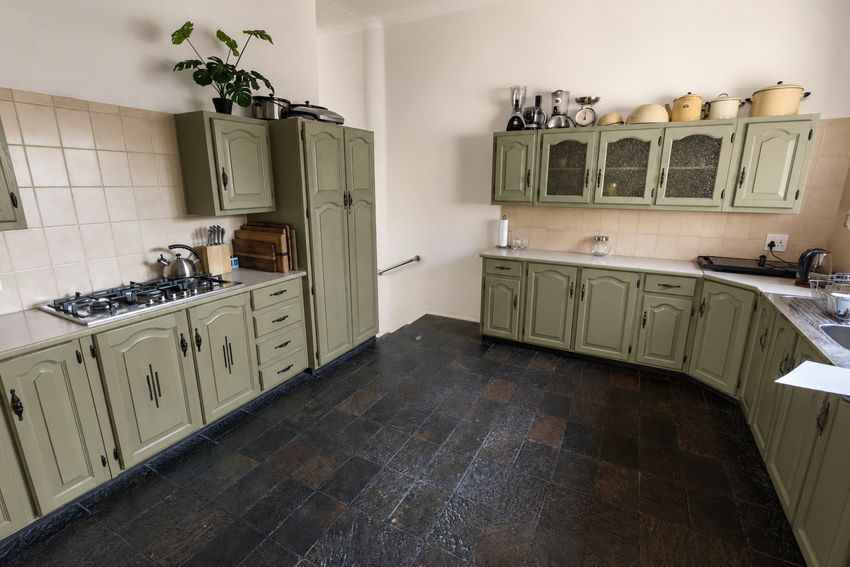 A functional kitchen featuring sage green cabinetry, a gas hob, tiled splashbacks, and dark stone floor tiles.