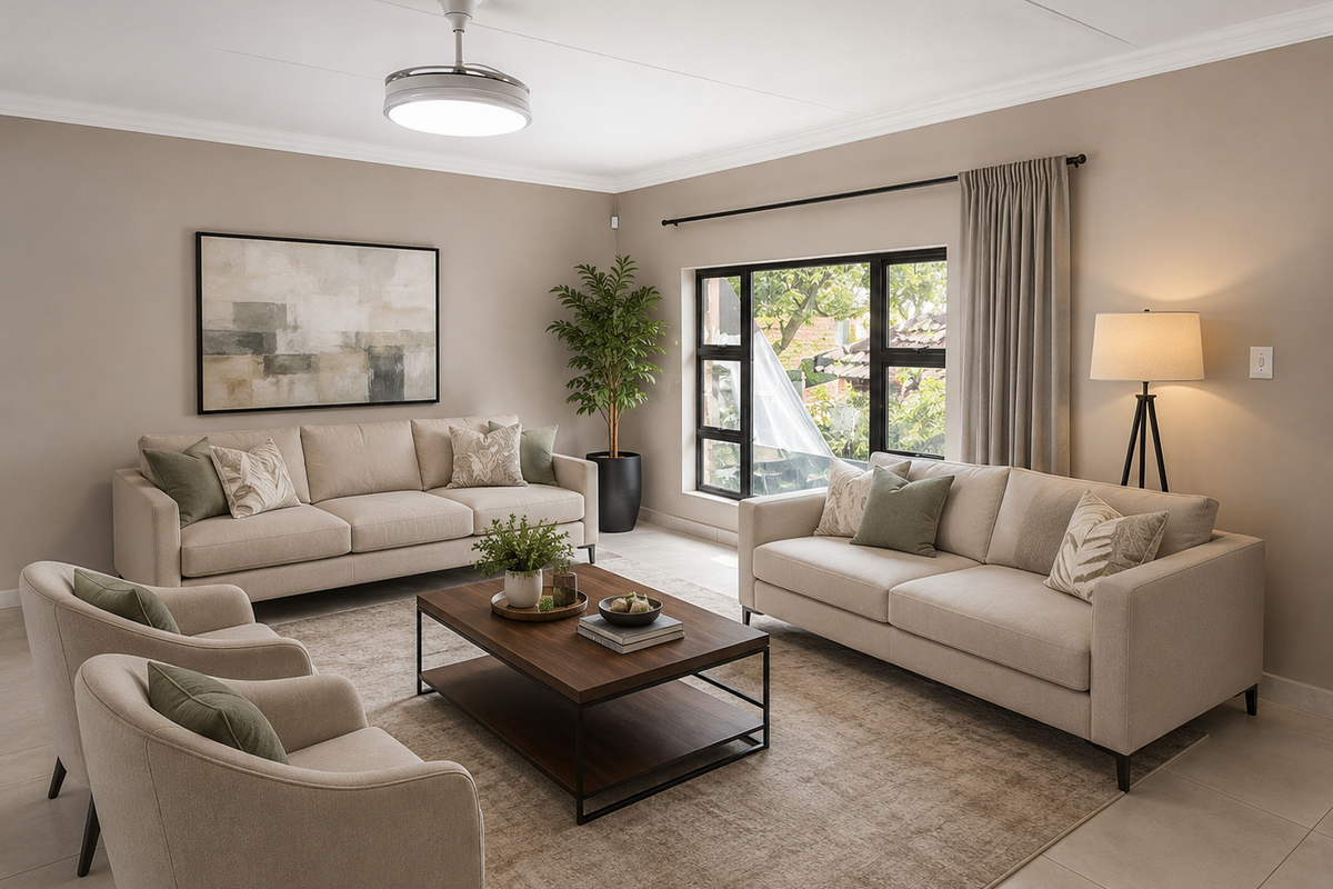 A well-appointed living room featuring neutral tones, tiled flooring, a modern ceiling fan, and large aluminium-framed windows allowing for natural light.