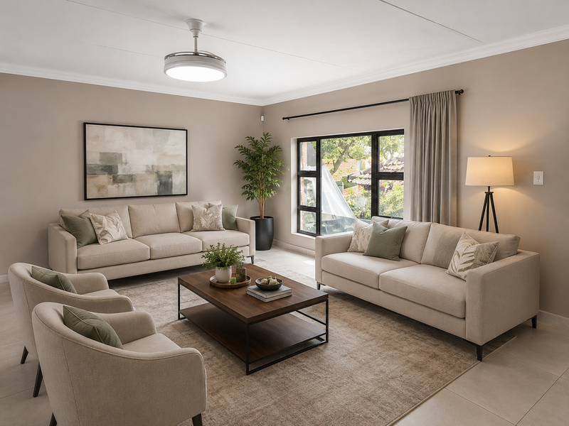 A well-appointed living room featuring neutral tones, tiled flooring, a modern ceiling fan, and large aluminium-framed windows allowing for natural light.