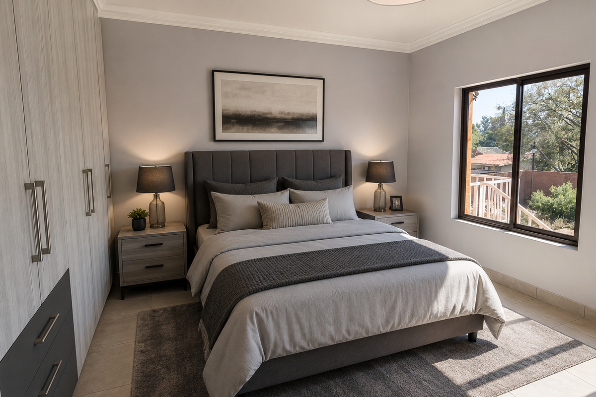 A well-appointed bedroom featuring neutral tones, built-in cabinetry, and a sliding window with views of the exterior.