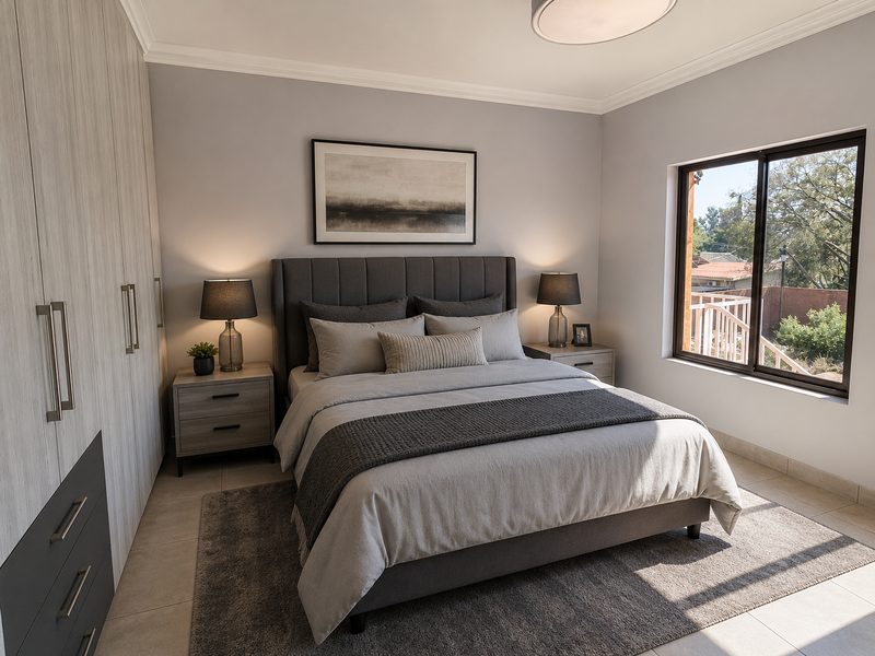 A well-appointed bedroom featuring neutral tones, built-in cabinetry, and a sliding window with views of the exterior.