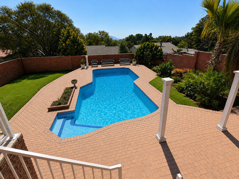 A well-maintained outdoor pool area featuring a paved deck, built-in planter, and a secure brick perimeter wall, perfect for outdoor relaxation.