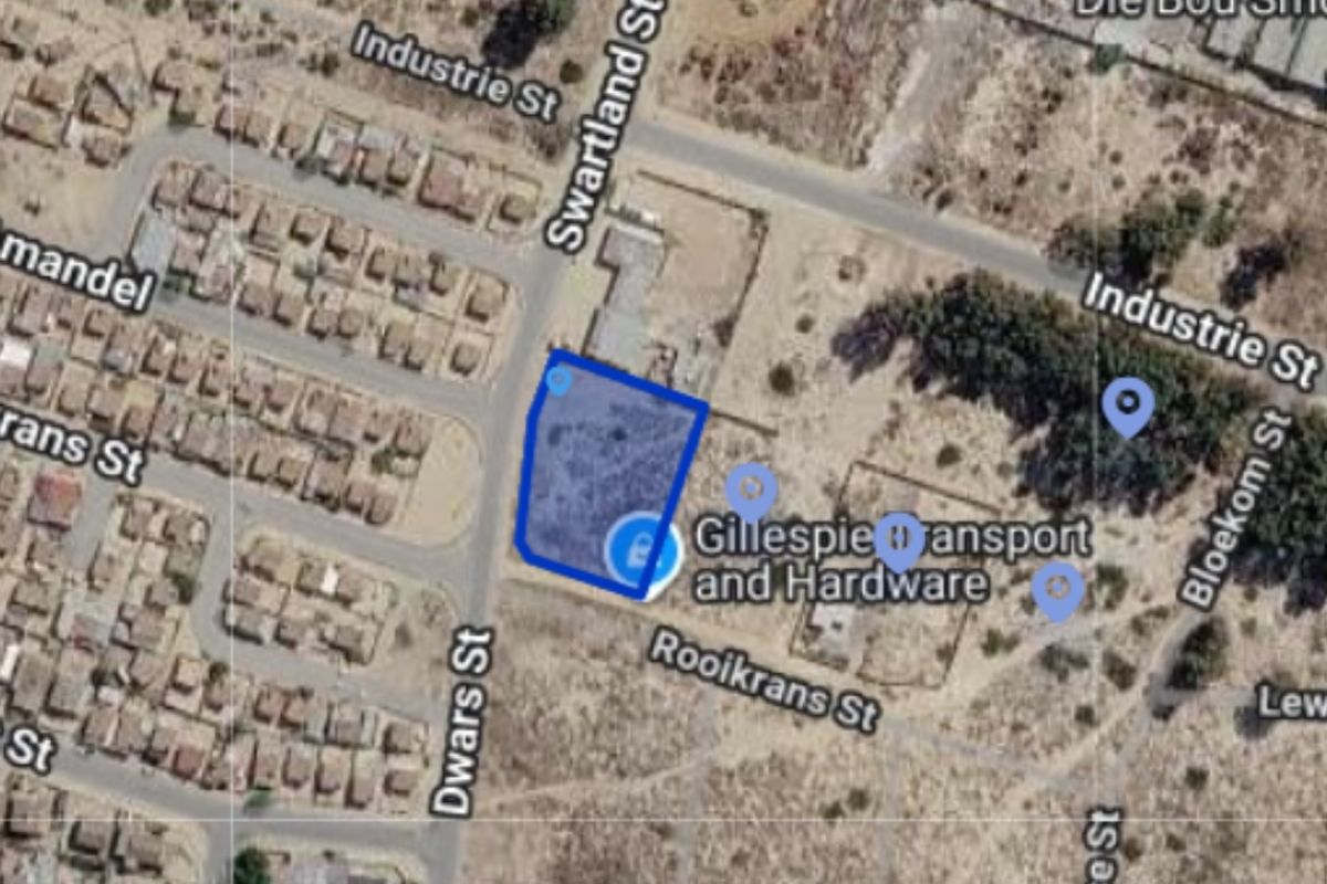 An aerial map view highlighting a vacant residential land plot situated at the corner of Swartland Street and Rooikrans Street.