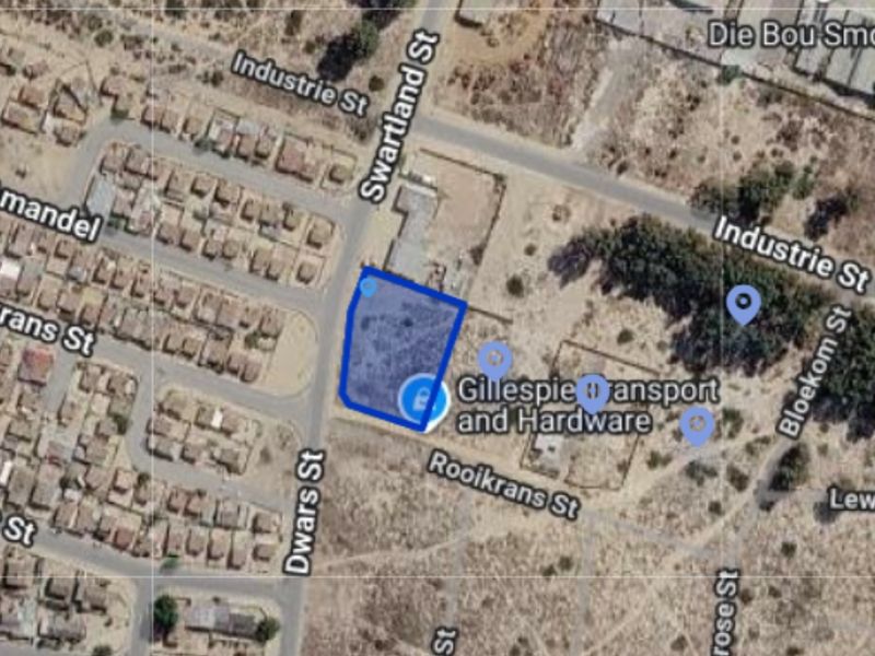 An aerial map view highlighting a vacant residential land plot situated at the corner of Swartland Street and Rooikrans Street.