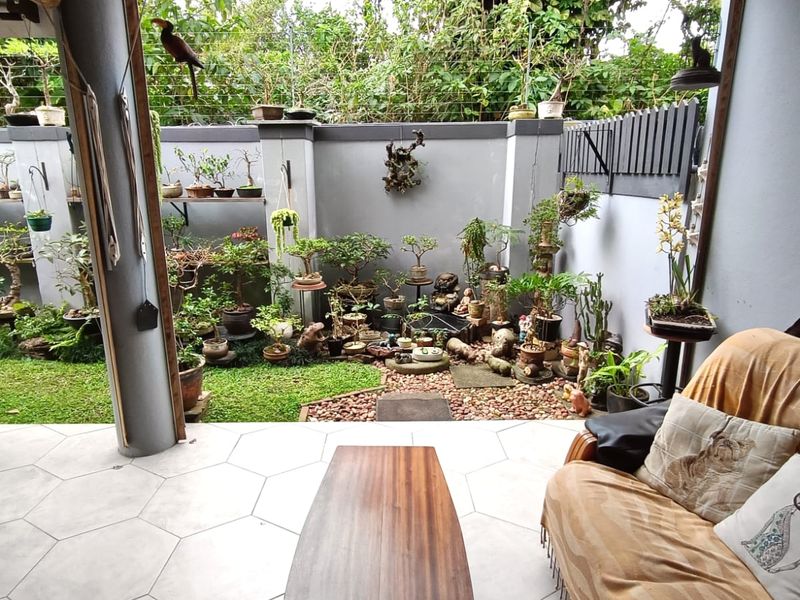 A covered patio area featuring tiled flooring, overlooking a landscaped garden with perimeter wall and security fencing.