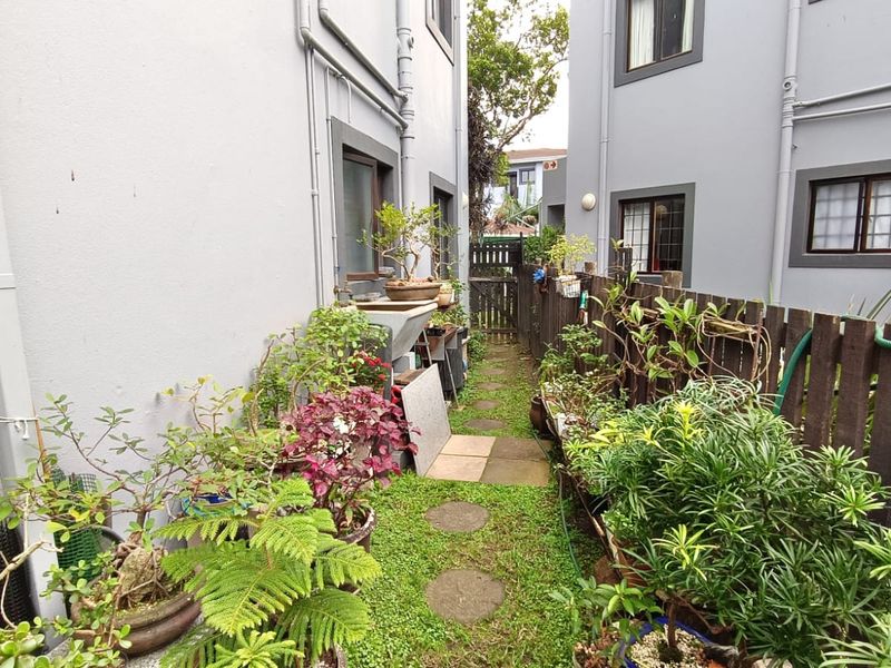 A narrow rear exterior walkway between apartment buildings featuring a timber fence, paved stepping stones, and established garden greenery.