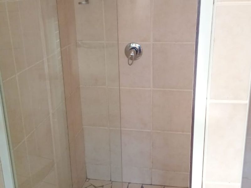 A functional shower stall featuring tiled walls, a glass door, and a stone mosaic floor finish.