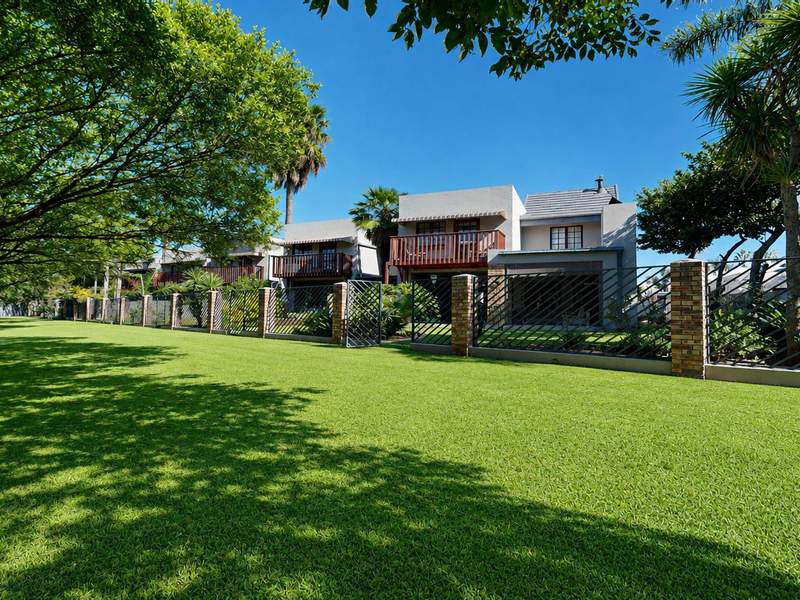 A view of the rear exterior of the townhouse complex, featuring well-maintained lawns, brick and metal fencing, and private balconies.