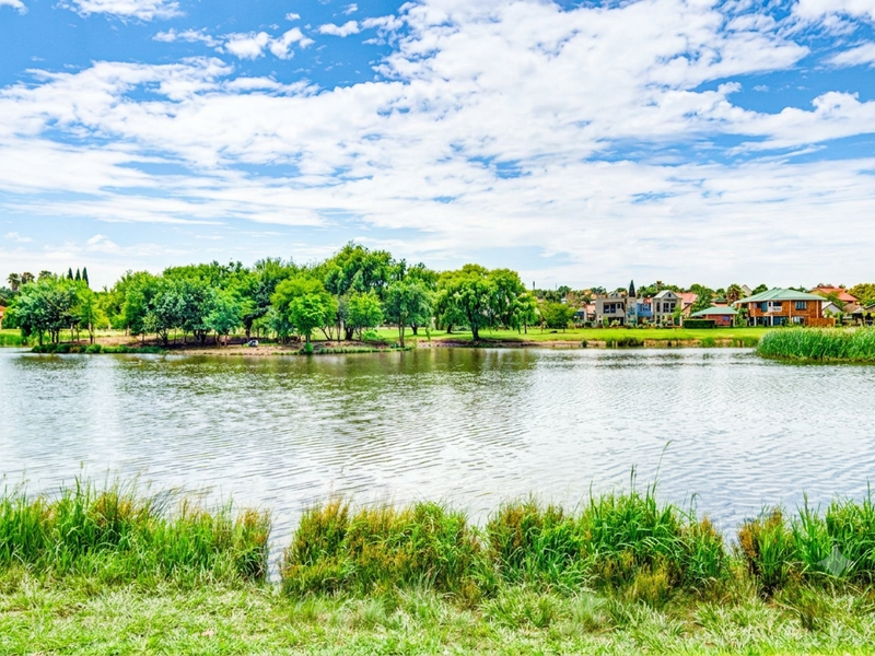 A scenic view of a tranquil lake surrounded by lush green parkland and mature trees within the estate.