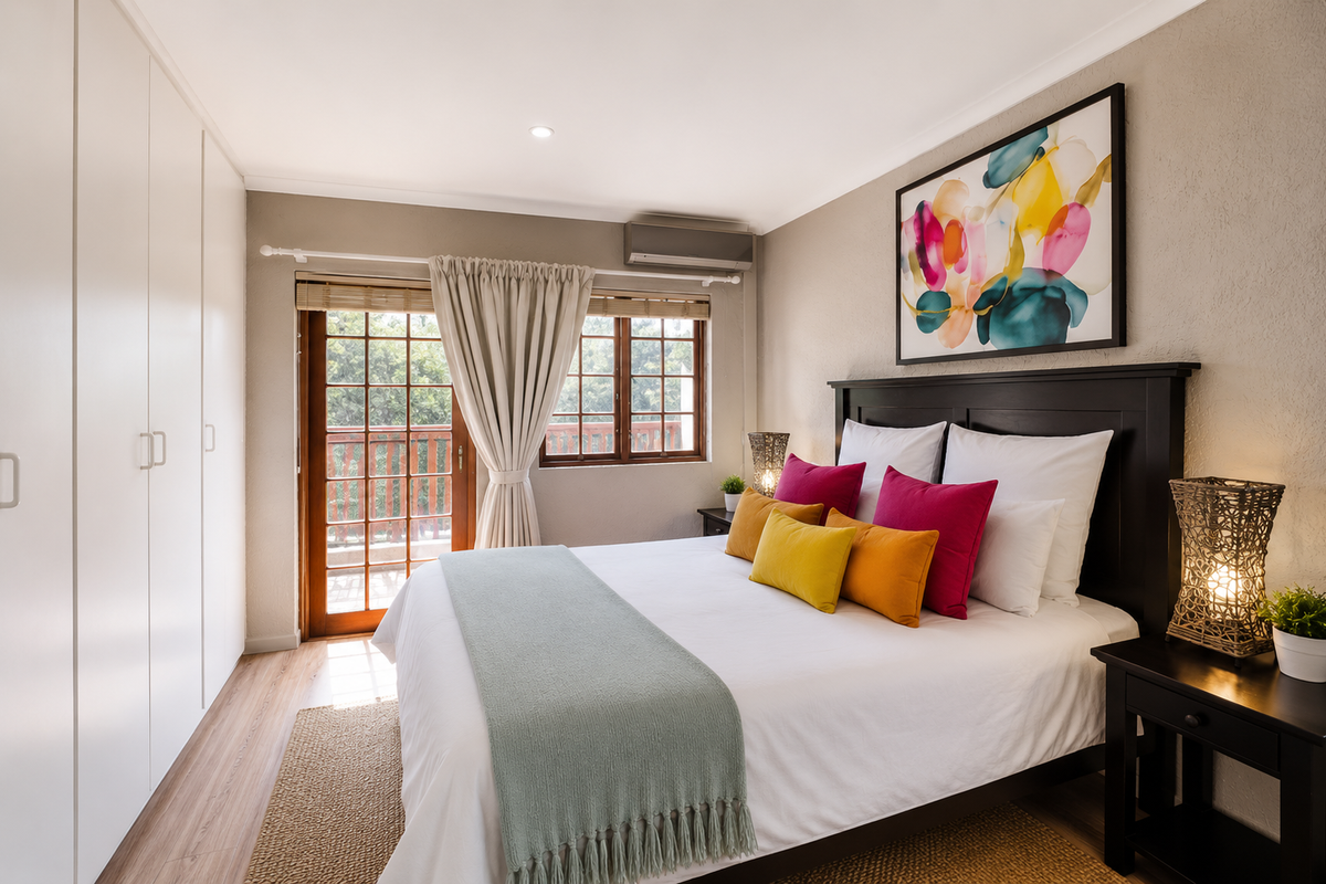 A well-maintained bedroom featuring built-in cupboards, laminate flooring, a split-system air conditioner, and direct access to a private balcony through timber-framed glass doors.
