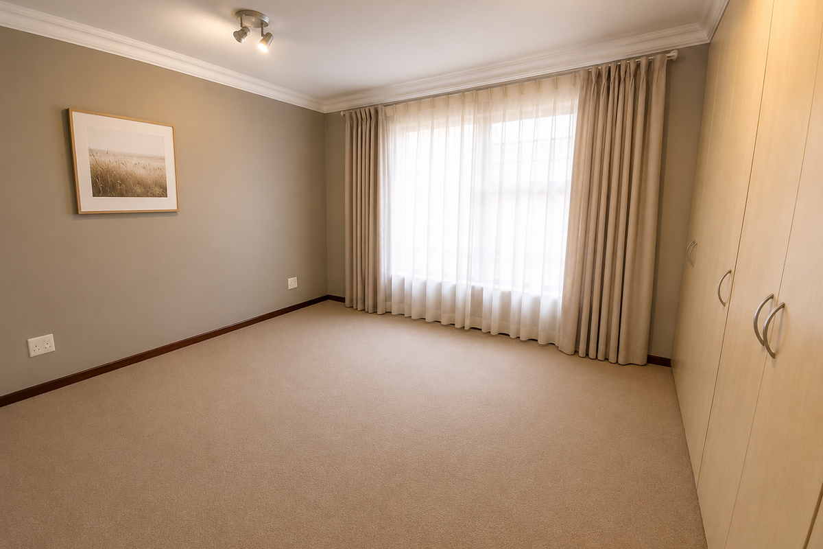 A bright and spacious bedroom featuring neutral carpeting, built-in cupboards, and elegant window treatments, offering a clean and well-maintained living space.