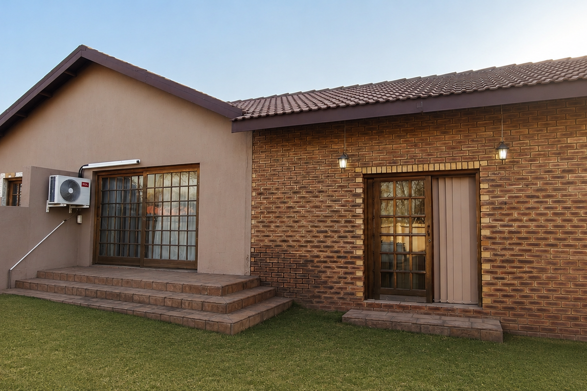 Rear view of the house featuring a combination of brick and plastered finishes, tiled steps, sliding glass doors, and a well-maintained lawn.