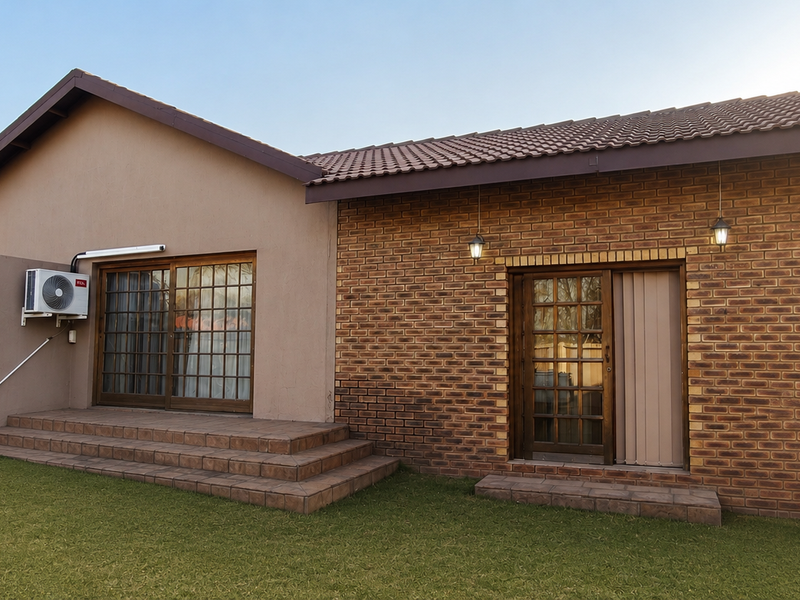 Rear view of the house featuring a combination of brick and plastered finishes, tiled steps, sliding glass doors, and a well-maintained lawn.