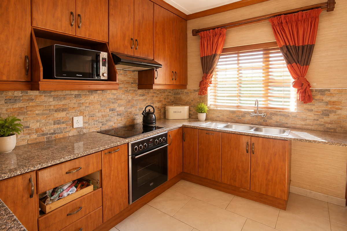 A well-maintained kitchen featuring warm wooden cabinetry, granite countertops, a stone tile backsplash, and integrated appliances including an oven, hob, and extractor fan.