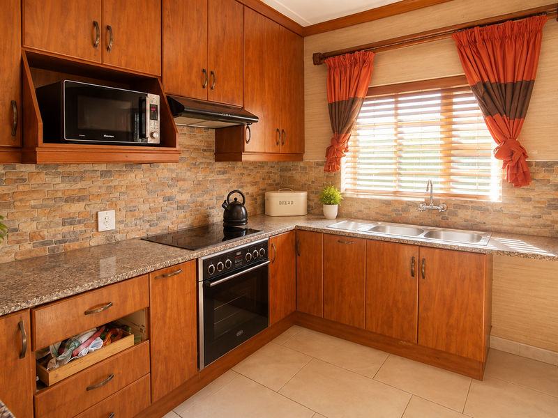 A well-maintained kitchen featuring warm wooden cabinetry, granite countertops, a stone tile backsplash, and integrated appliances including an oven, hob, and extractor fan.