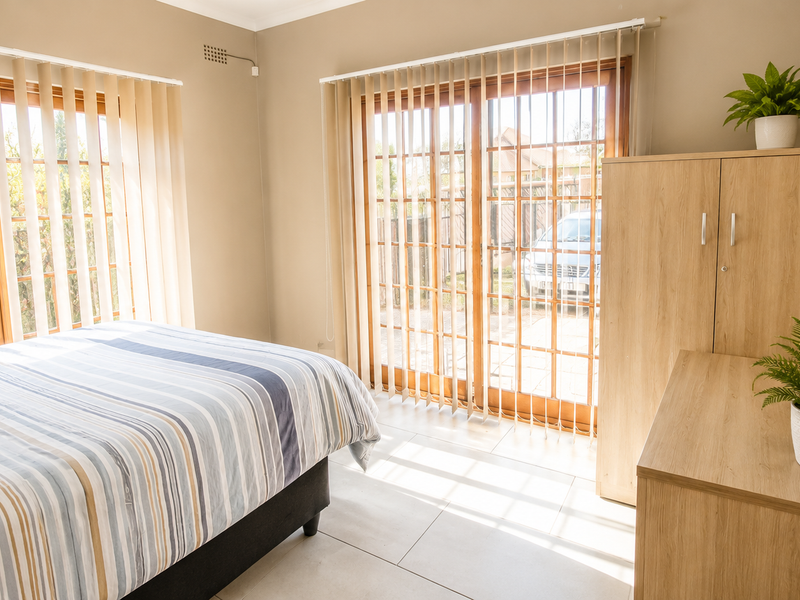A bright bedroom featuring tiled flooring, neutral walls, and sliding glass doors that provide direct access to the exterior.