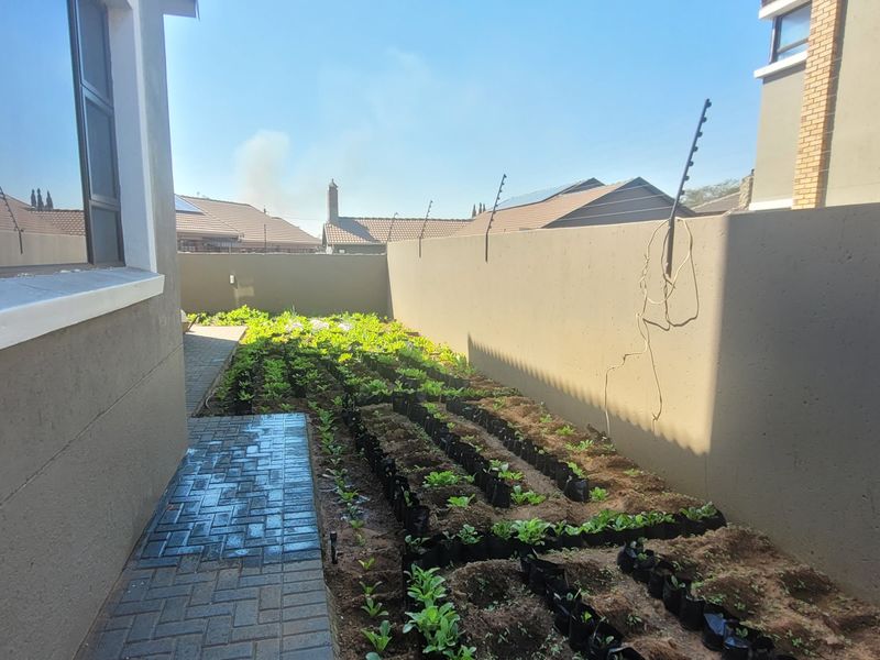 A side garden area featuring a paved walkway, high boundary walls with electric fencing, and aluminium window frames.