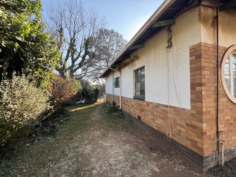 Rear exterior view of the house showing brick and plaster facade, steel window frames, and adjacent garden area requiring maintenance.