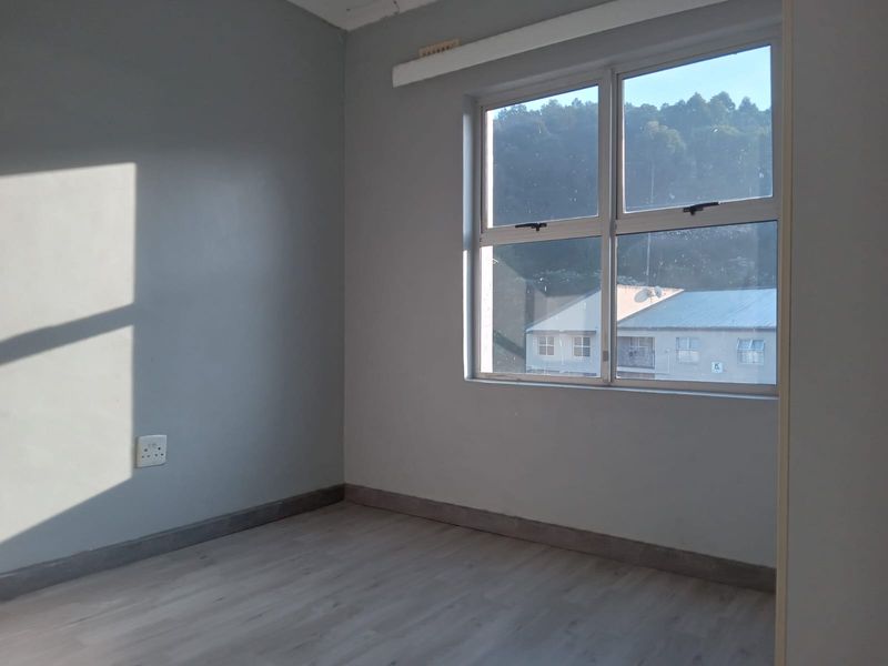 A vacant bedroom featuring light-toned laminate flooring, grey painted walls, and an aluminium-framed window with natural light.