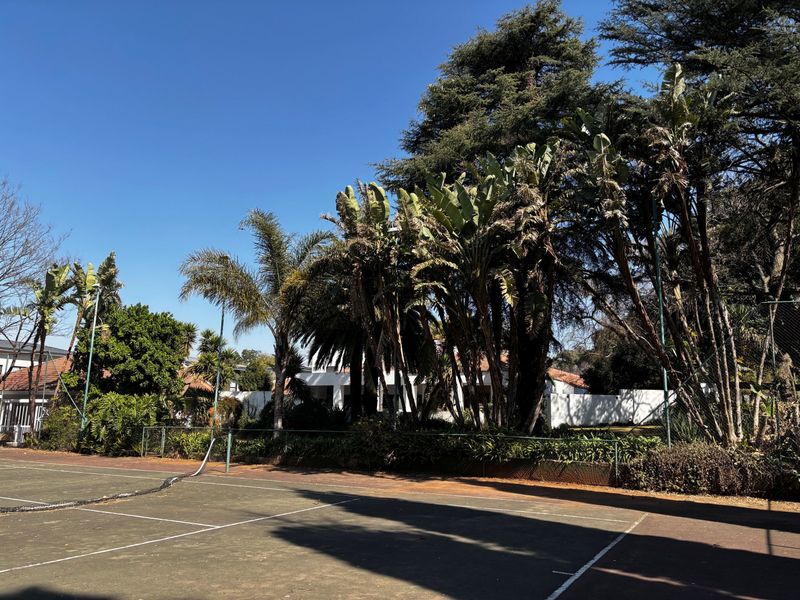 A private tennis court surrounded by mature trees and landscaping, featuring a worn surface and perimeter fencing.