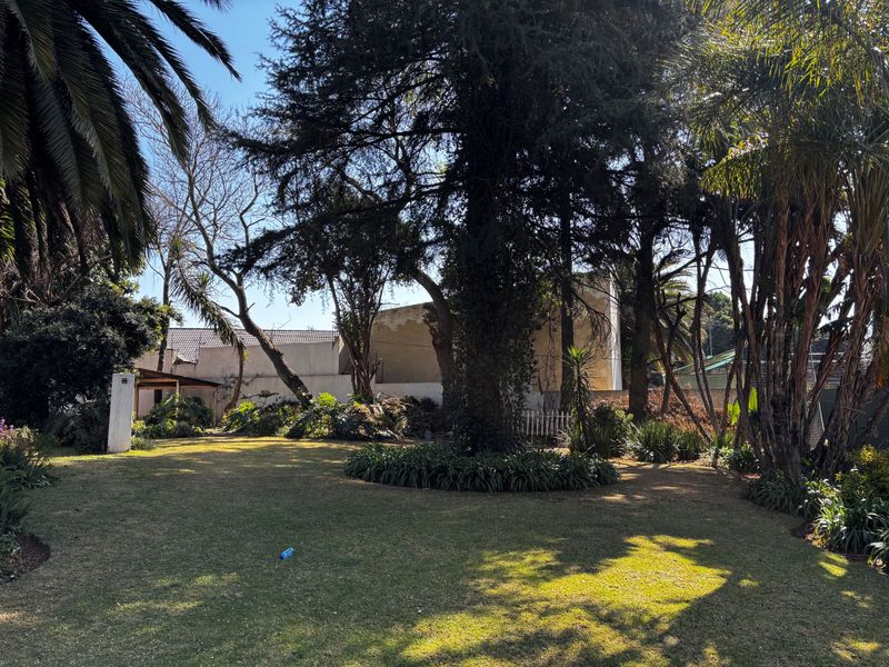 A spacious, well-established garden featuring mature trees, lush greenery, and a boundary wall, offering a private and tranquil outdoor setting.
