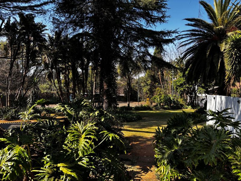 A lush, well-established garden featuring mature trees, a manicured lawn, and a paved pathway leading through the greenery.