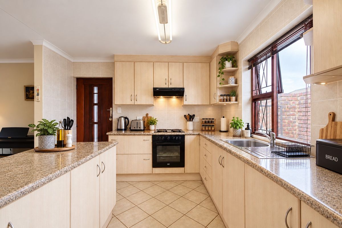 A functional kitchen featuring light wood cabinetry, granite countertops, a built-in oven with hob, and a tiled backsplash with a window view.